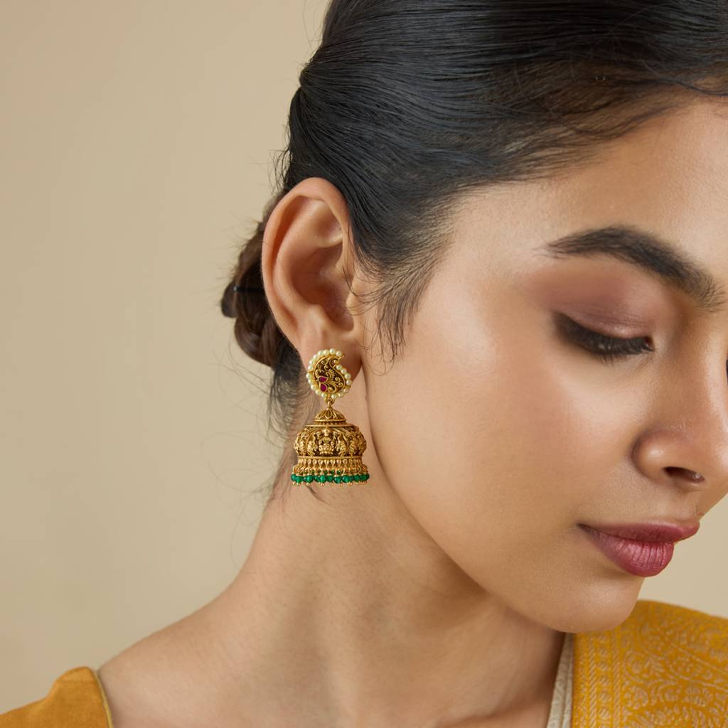 Ruby-Green Gold - Plated Festive Temple Earring - 427027 : 427027