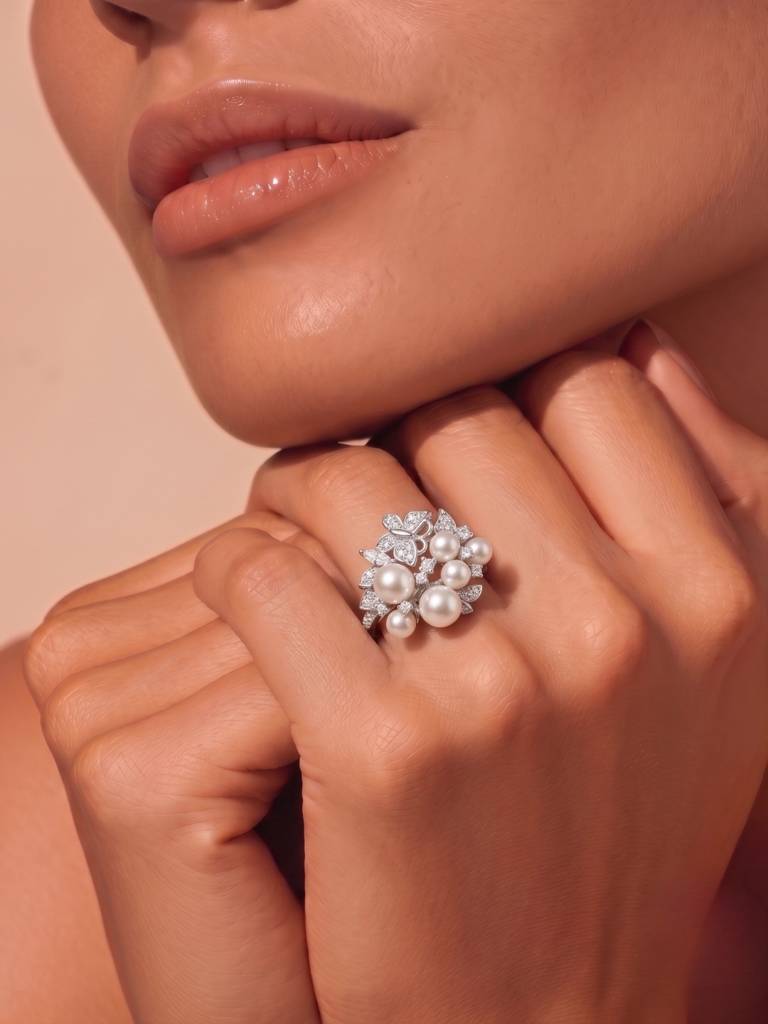 925 Sterling Silver Freshwater Pearl Floral Statement Ring For Women : R-30