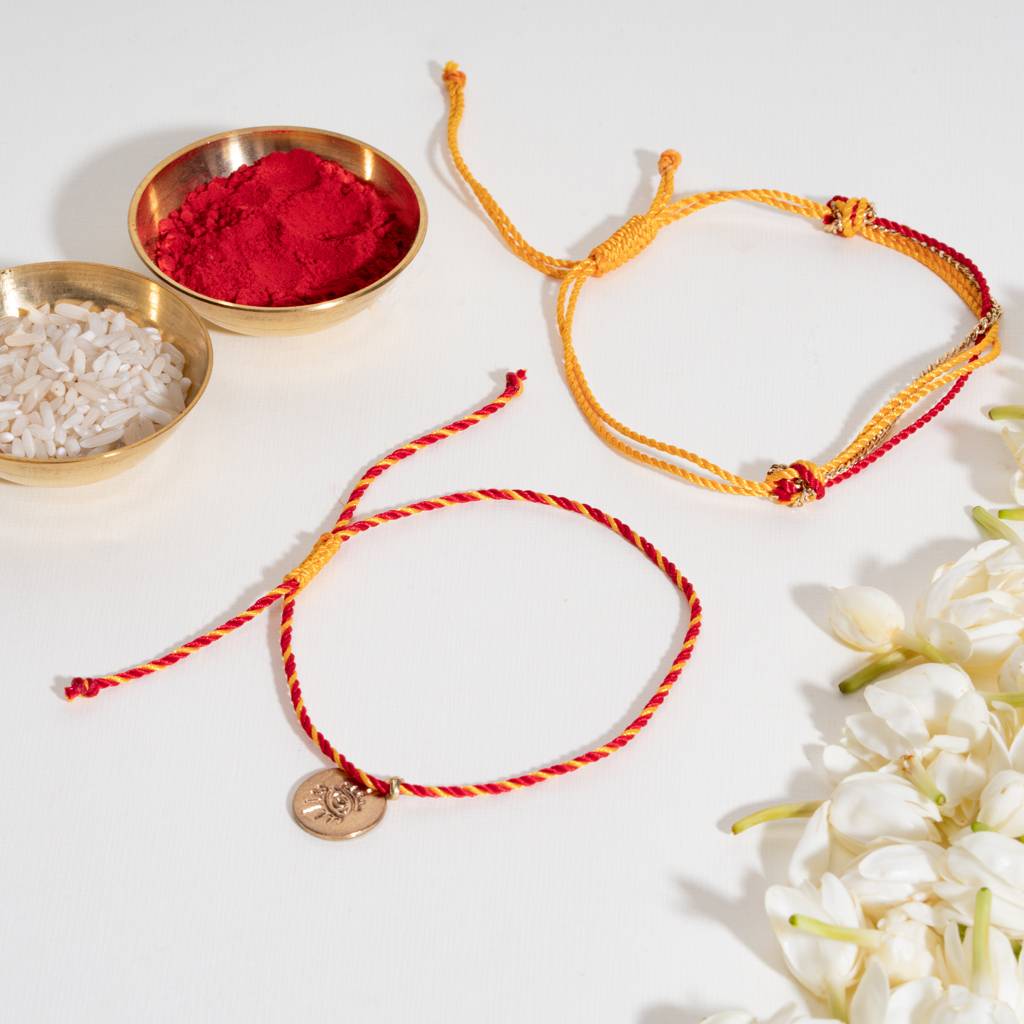 Multithread Rakhi Bandhan Lumba Rakhi For Bhaiya And Bhabhi : BS14918-1218-RD-OR-BB-SL-OR