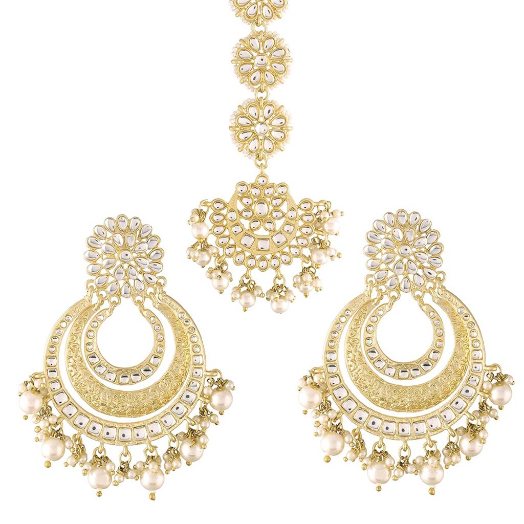 Matte Gold Finish Kundan Chandbali Earring Maang Tikka Traditional Jewellery Set For Women Girls : PF37TE2860W