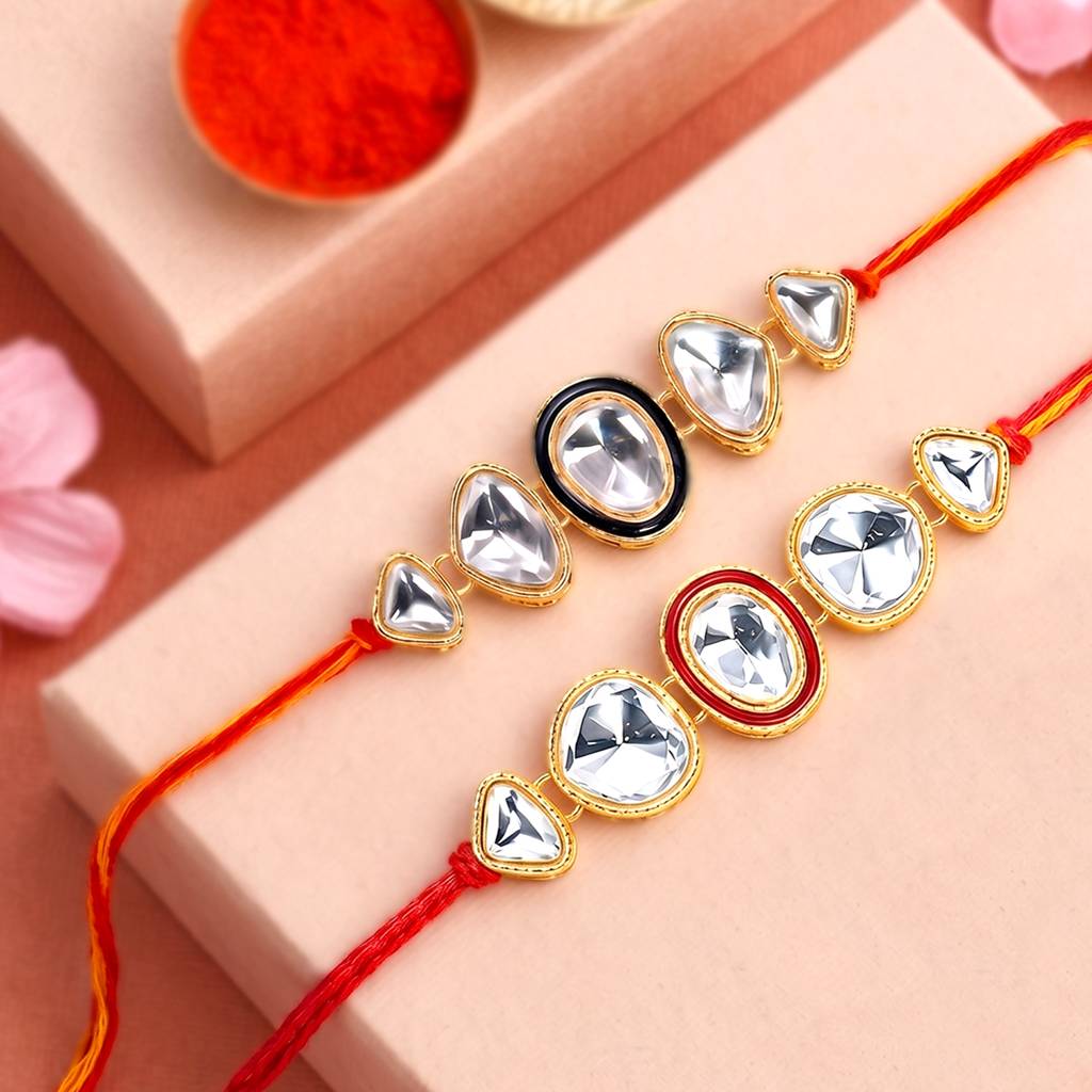 Eternz Certified Jewellery - Peora Rakhshabandhan Thread Rakhi For Brother Crystals Studded Red White Combo Set Of 2 Rakhi Hamper Roli Chawal & Greeting Card (Free Size)