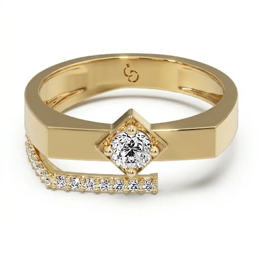 Round Brilliant Diamond Men'S Ring | Tilted Square Setting Curved Pavé Accent : RG-M-CC-37-YE-Silver925-LabD-9