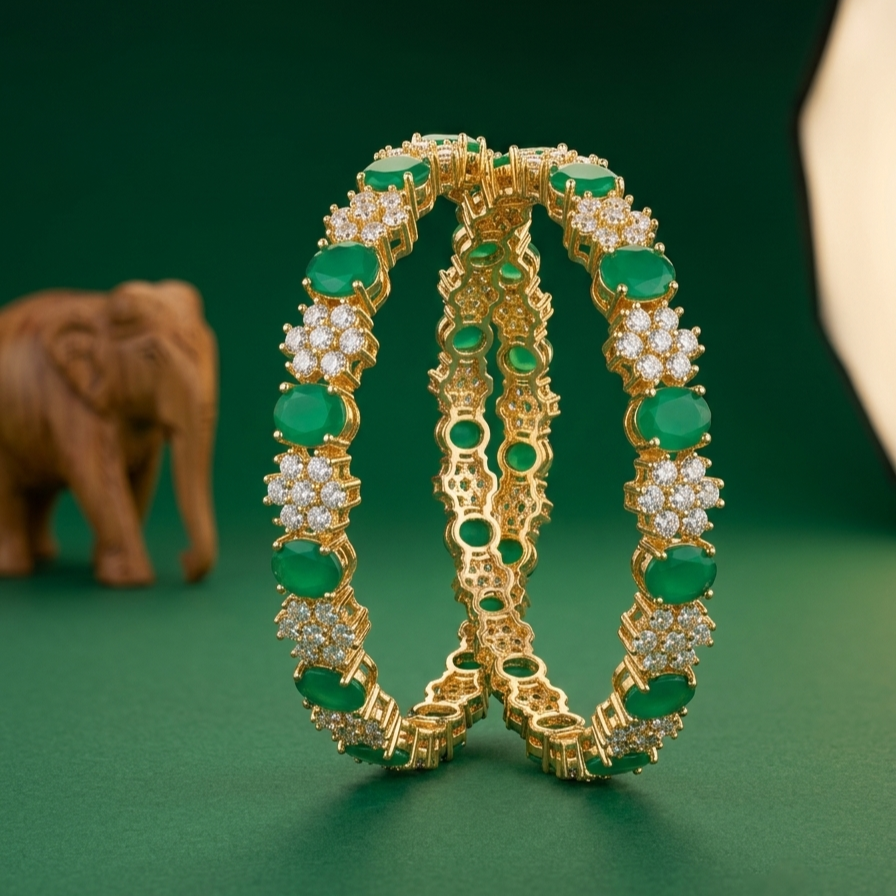 Green Stone Bangle For Women | Cz Floral Designer Bangle With Gold Tone Finish | American Diamond Style Party &  : TP2095G_2.8