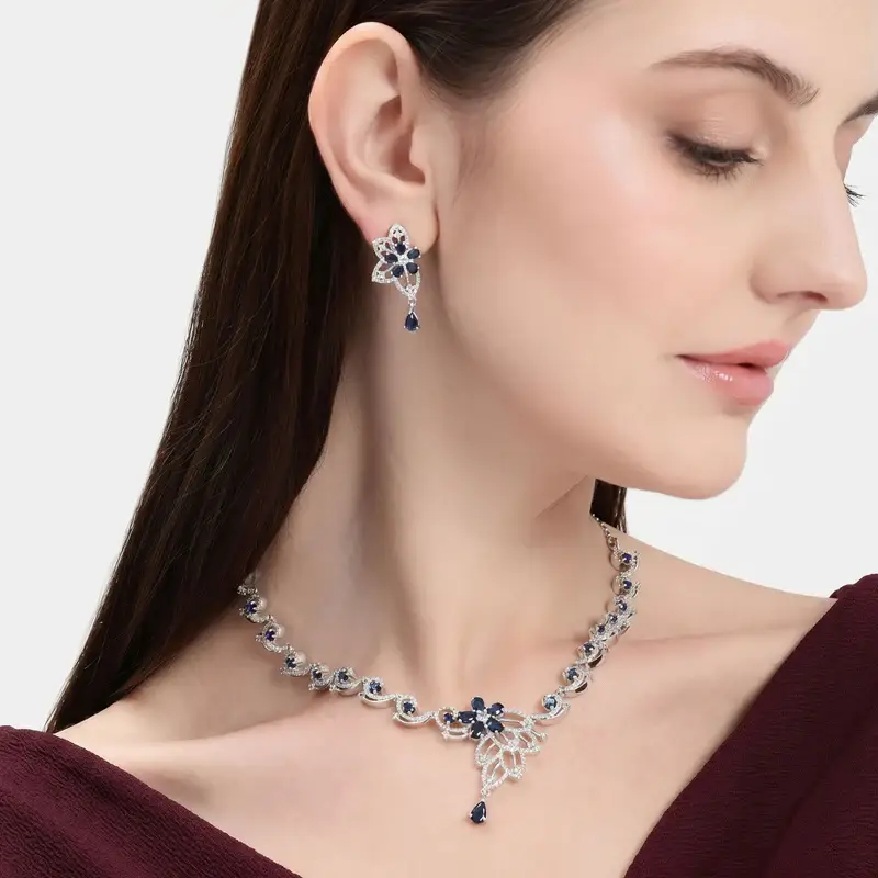 Cz Floral Statement Necklace Set | Grand Festive & Cocktail Jewellery : AD-937-IRBL-NKER