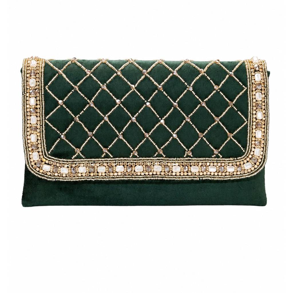 Quilted Pearl Embellished Clutch Bag For Women | Gold Beaded Strap | Wedding Festive Evening Purse : C189GRN