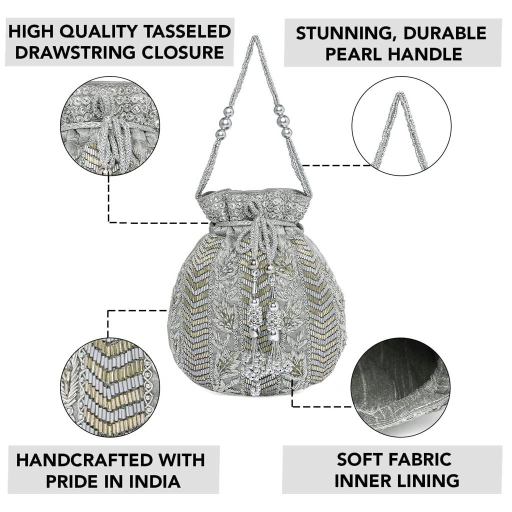 Potli Bag For Women Handmade Evening Wristlet Handbag Stylish Bridal Purse Fashion Bag For Girls (P128Crm) : P128GRY