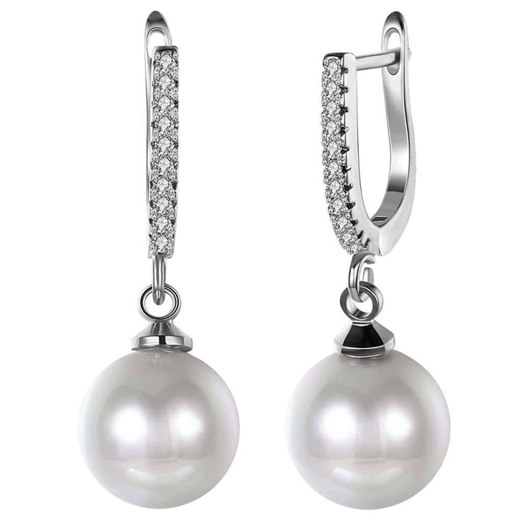 Silver Plated Diamond Cut Cz Hanging Pearl Clutch Back Drop Earrings For Women Girls : PX8E57S