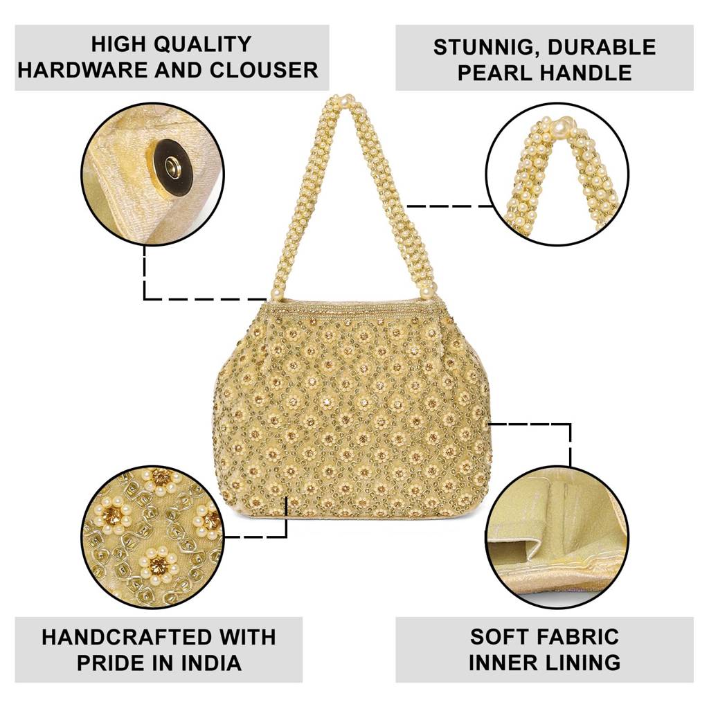 Floral Potli Purses For Women Handmade Evening Handbag Stylish Bridal Fashion Wristlet Bag For Girls : P201G-F