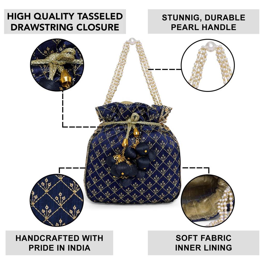 Zari Sequence Potli Bag For Women Stylish Handmade Wristlet Handbag Bridal Purse : P26B