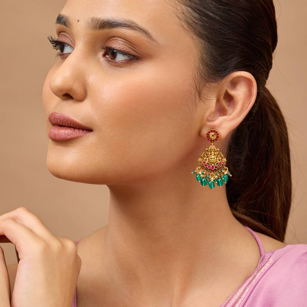 Ruby-Green Gold - Plated Festive Temple Earring - 447898 : 447898