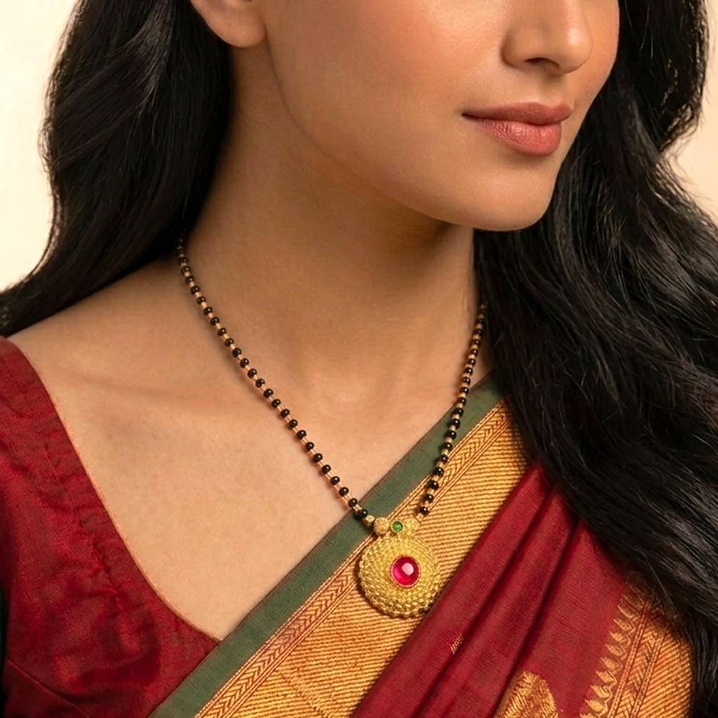 Gold Plated Rani Pink Green Crystal Studded Mangalsutra For Women | Festive & Bridal Jewellery, Anniversary Birt : PF04MS10RPG