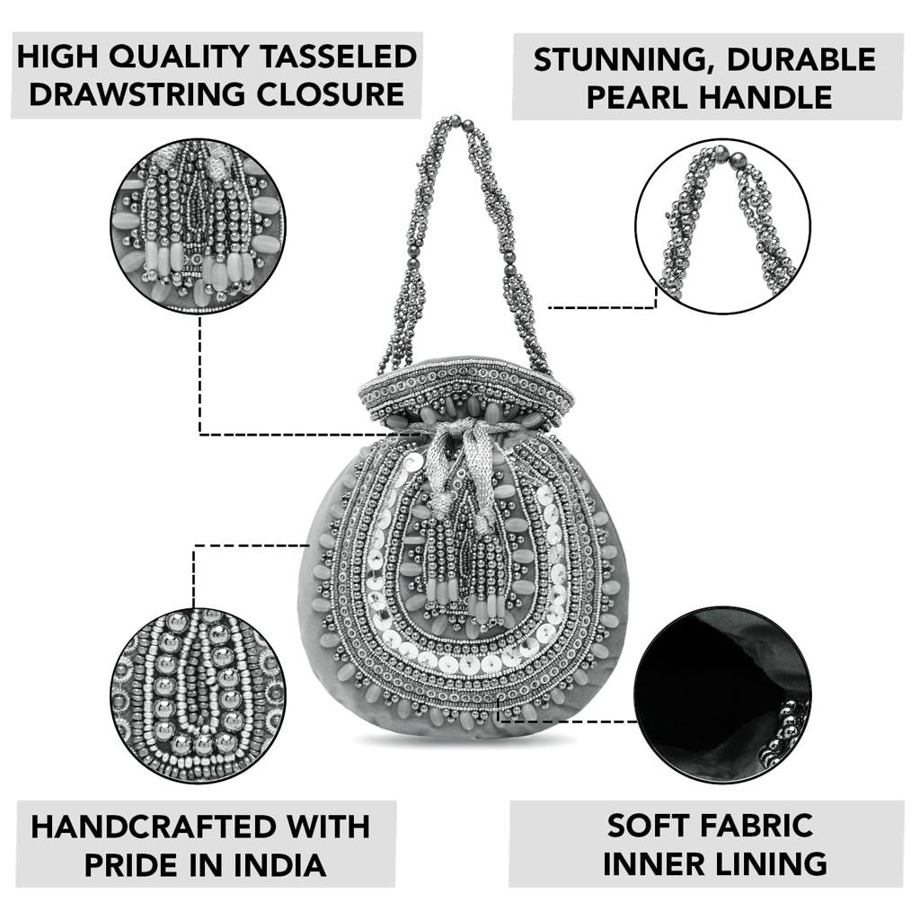 Potli Bags For Women Evening Bag Clutch Ethnic Bride Purse With Drawstring(P92Crm) : P92GRY