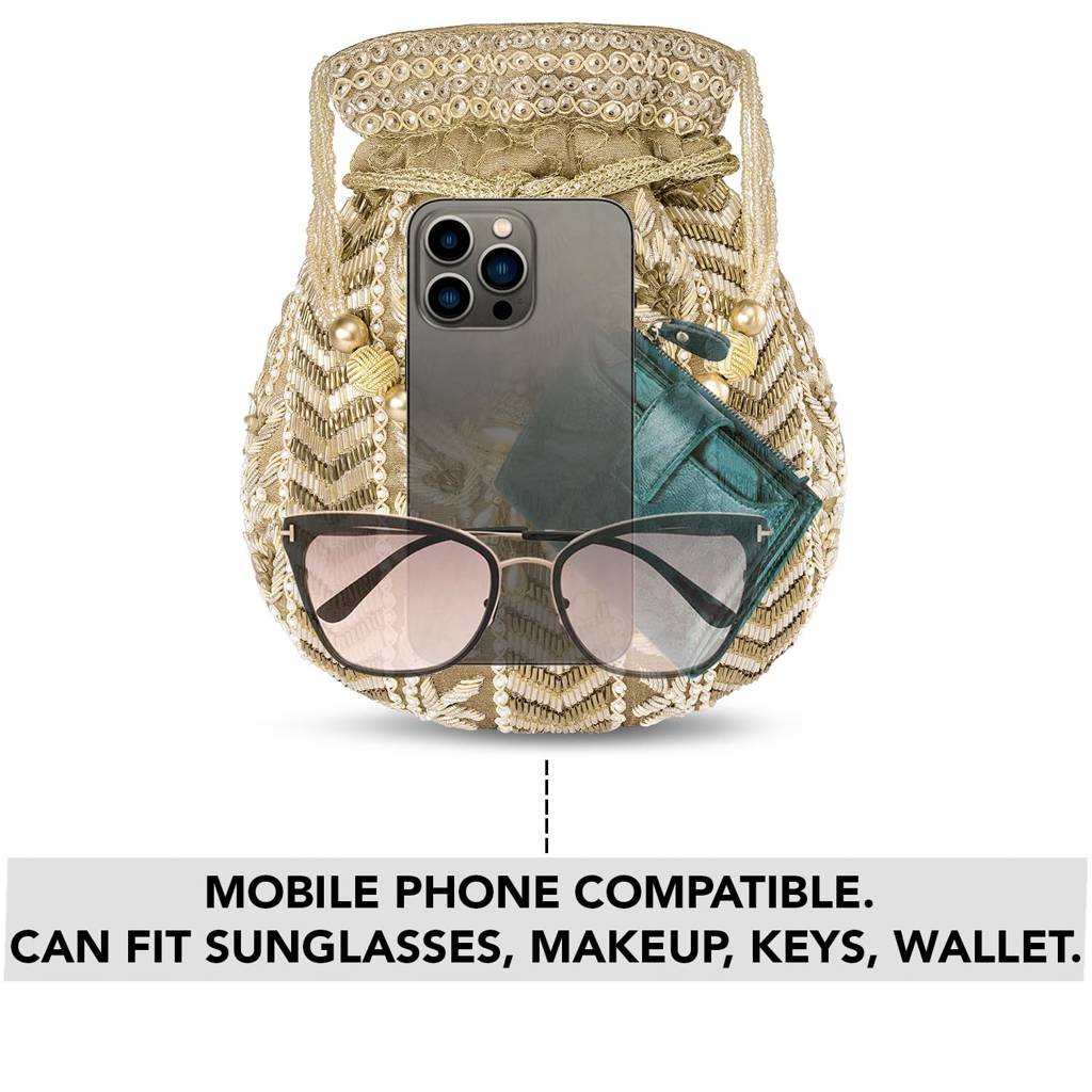 Potli Bag For Women Handmade Evening Wristlet Handbag Stylish Bridal Purse Fashion Bag For Girls (P128Crm) : P128G