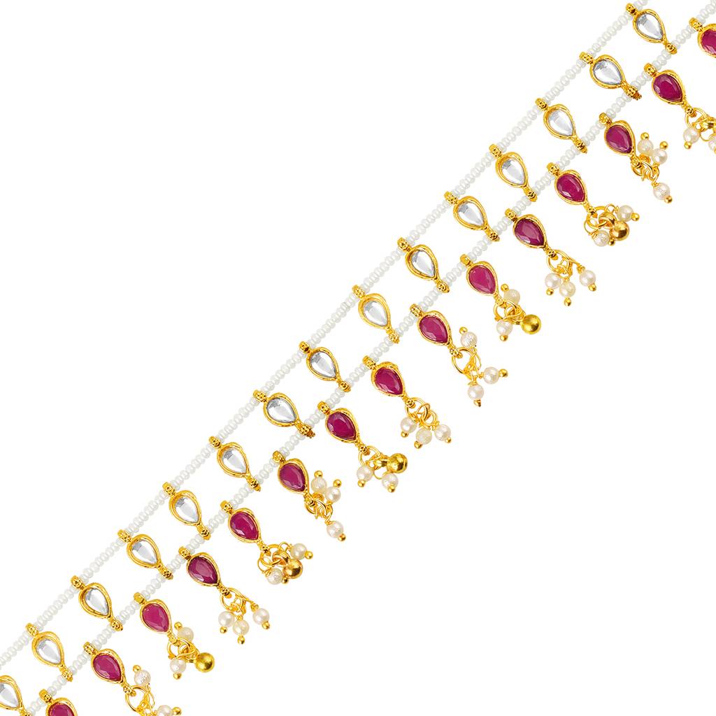 Gold Plated Rani Pink Faux Ruby Crystals & Beads Studded Ethnic Belly Chain Kamar Patta Kamar Bandh Jewellery Fo : PF104BCH05R