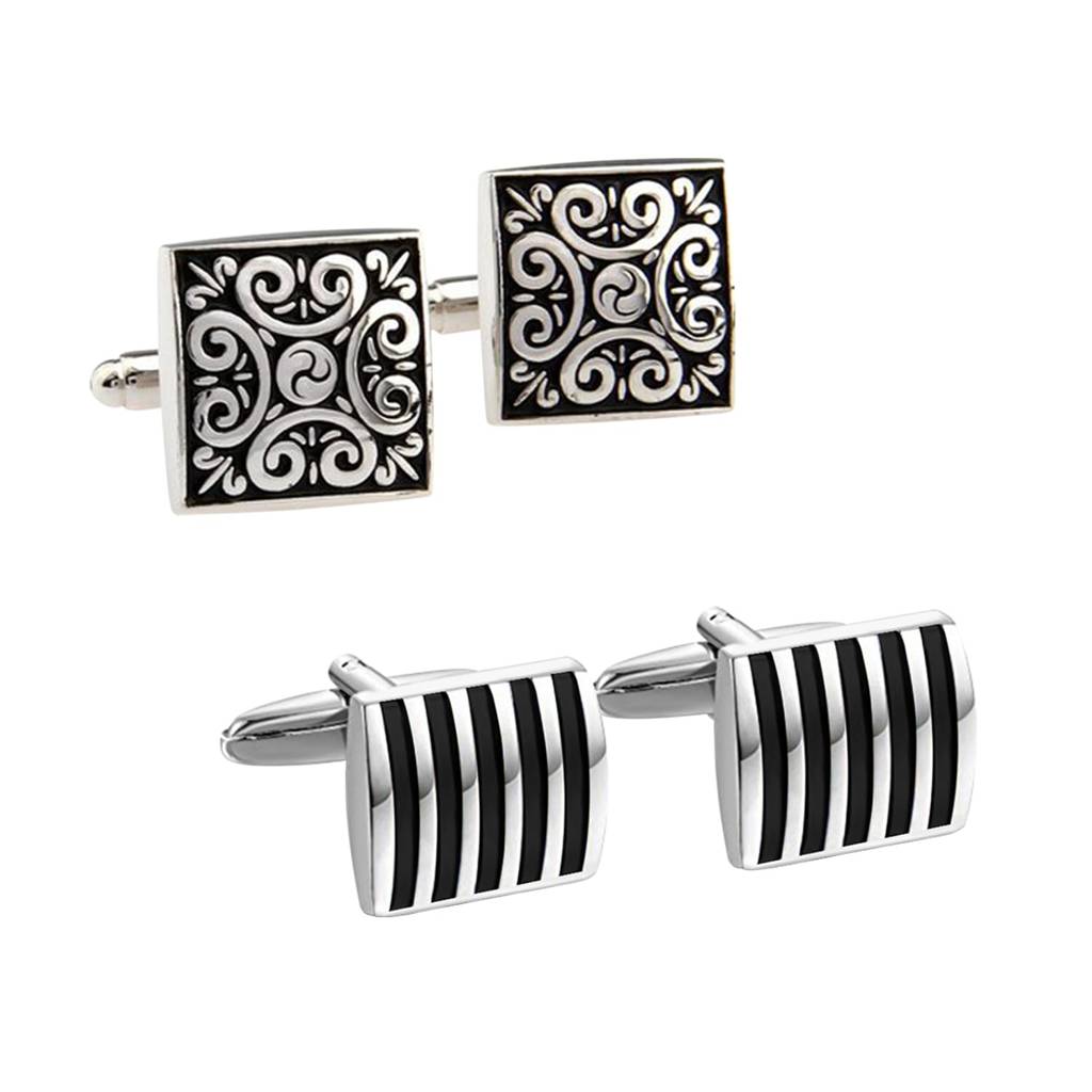 Combo Of Square Shaped Design & Strips Black Formal Cufflinks Set Gift For Men : PX9CL60-PX9CL09BL