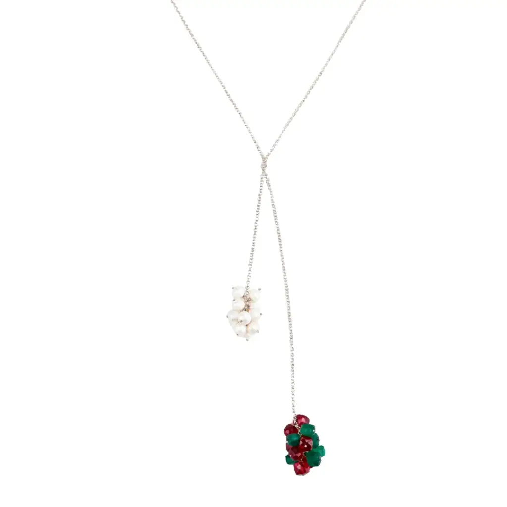Silver Tie & Wear Necklace With Pearls And Semi Precious Stones : 5955479