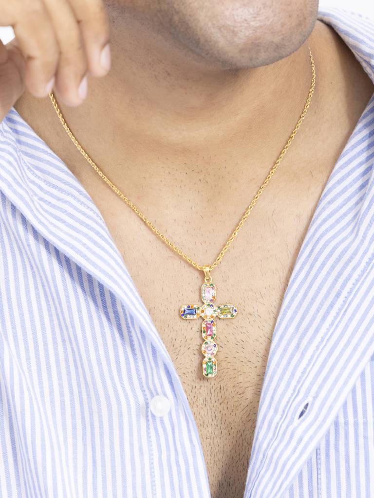 Mens Zircon Cross Pendant Necklace Waterproof Anti-Tarnish 18K Gold Plated : AWX0925P2040MC_M_RE