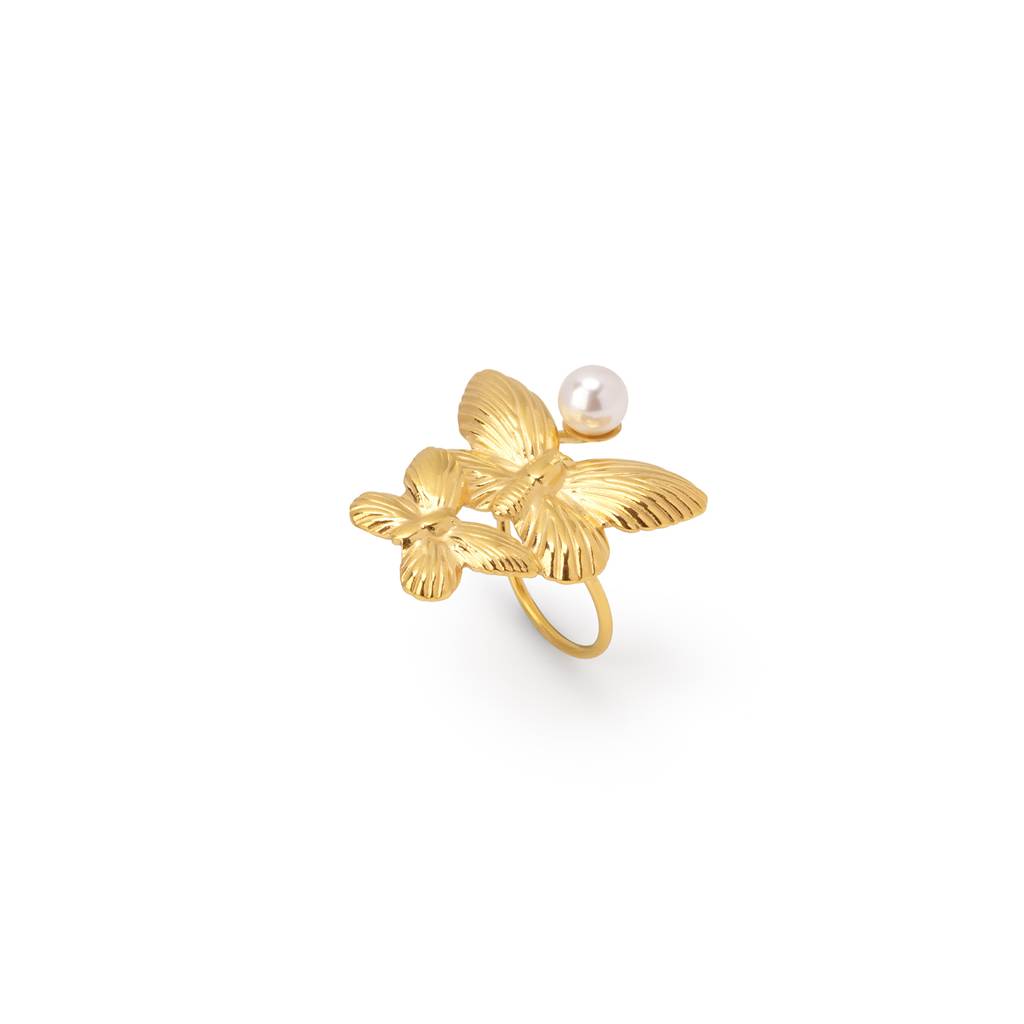 Dual Butterfly Pearl Accent Ring For Women - Waterproof & Anti-Tarnish : RG0405-6