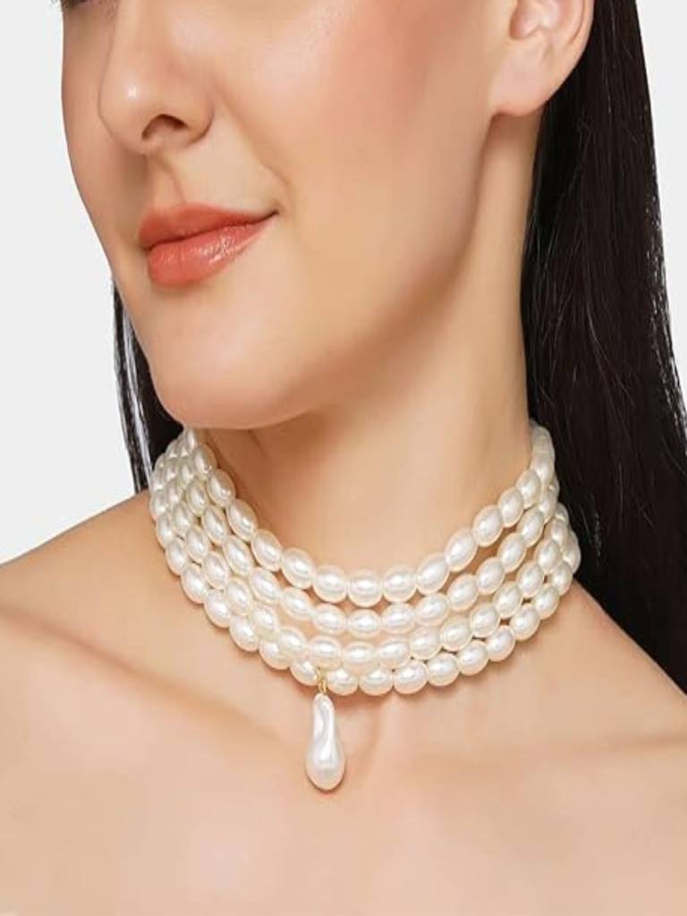 Multi Layered Oval White Faux Pearl Drop Choker Necklace : ASX0121N2436