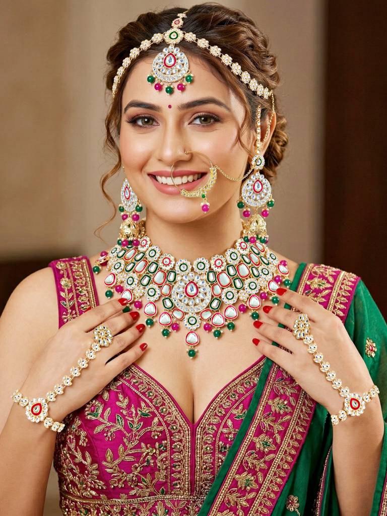 Bridal Kundan Jewellery Set With Hathphool & Nath : 2541-IZK-554-RG