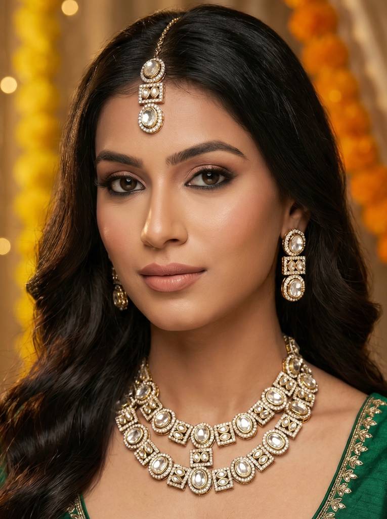 Bridal Double Layer Jewellery Set : HBN-44-WHITE