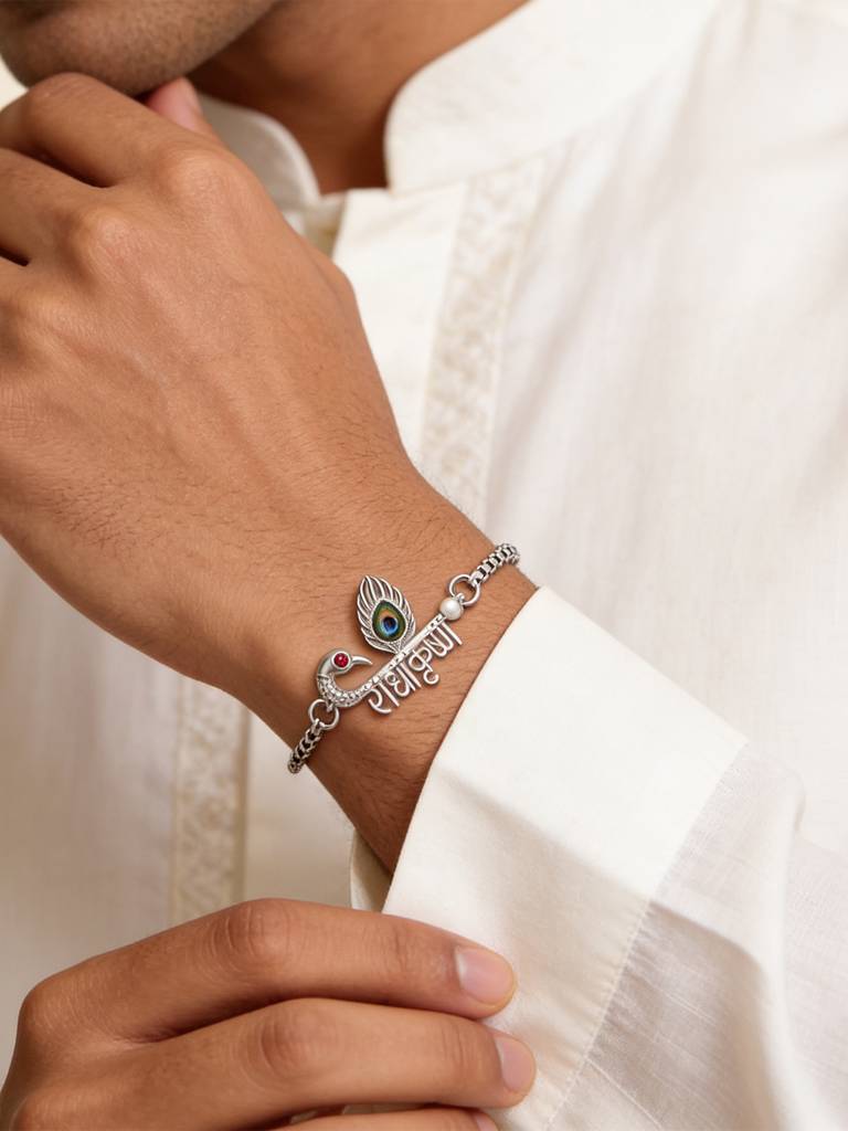Radha Krishna Mayur Silver Bracelet : IKLB4006