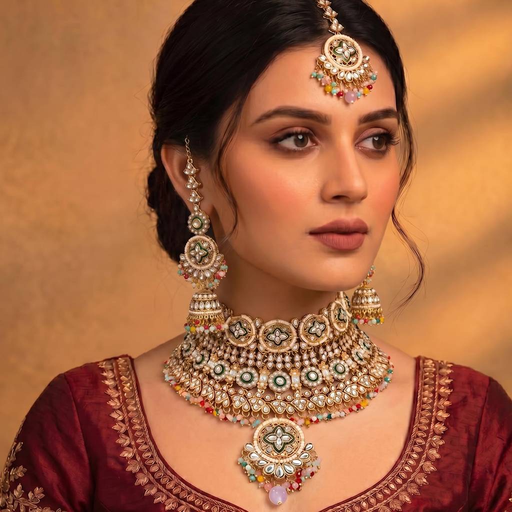 Gold Plated Ethnic Necklace Earrings Set For Women | Kundan & Beads Studded | Festive & Bridal Maharani Jewellery : PF108N02ML