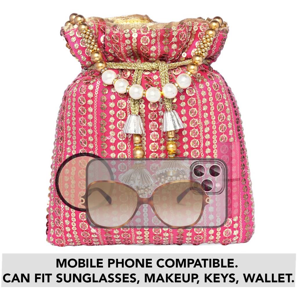 Potli Purse For Women Handmade Evening Handbag Stylish Bridal Fashion Wristlet Bag For Girls (P163G) : P163RP