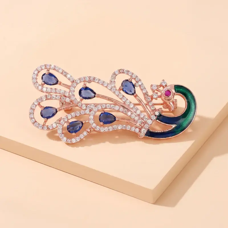 Cz Statement Peacock Feather Brooch Pin For Women |Wedding Wear : AD-005-RGBL-BROOCH