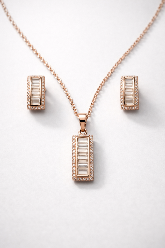 925 Sterling Silver Rose Gold-Plated Baguette Zircon Stud Jewellery Set : SMK-W-SET-012
