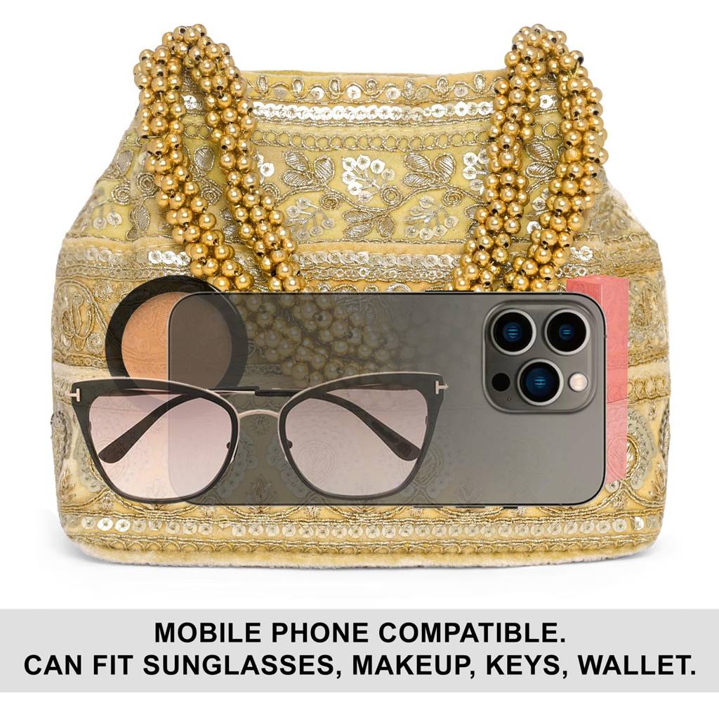 Golden Ethnic Embellished Potli Bag For Women Fancy Evening Wristlet Bridal Purse Bag For Girls : P95G-F-3