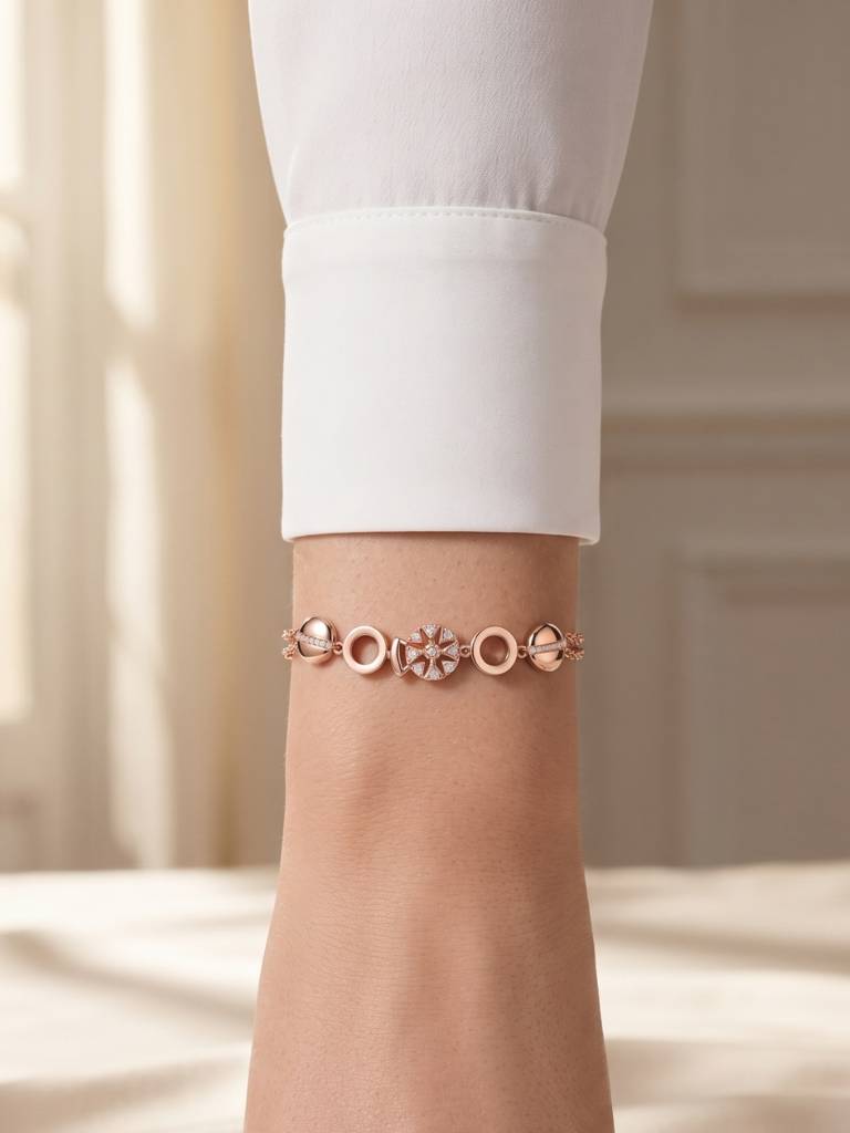 925 Silver Elegant Crystal Link Rose Gold Bracelet For Women : BR-69