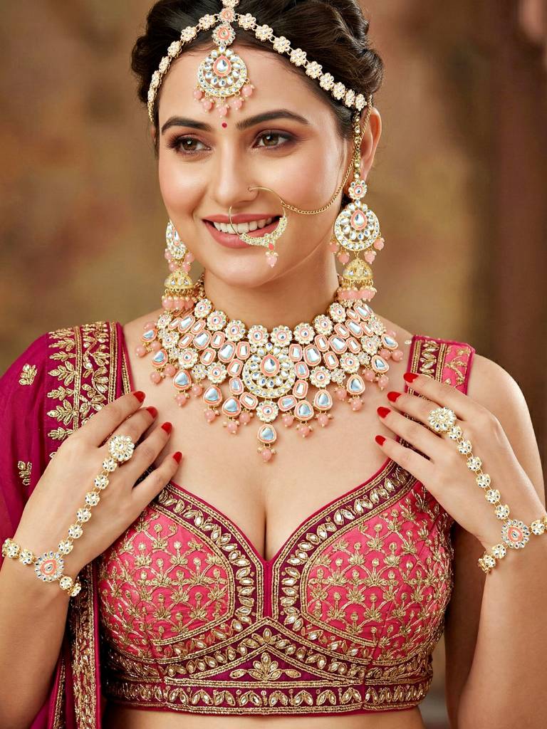 Bridal Kundan Jewellery Set With Hathphool & Nath : 2541-IZK-554-PK