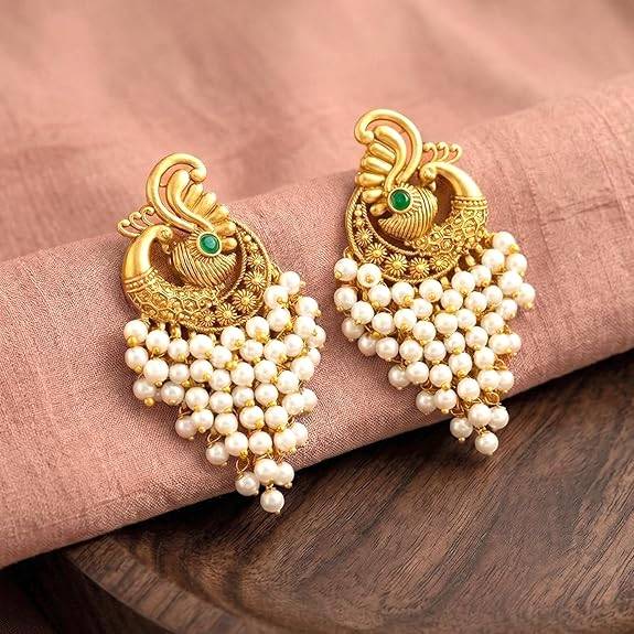 Green Ethnic Dangle Earrings For Women & Girls Gold Plated Faux Ruby & Beads Studded Festive Bridal Jewellery Birth : PF47E07W