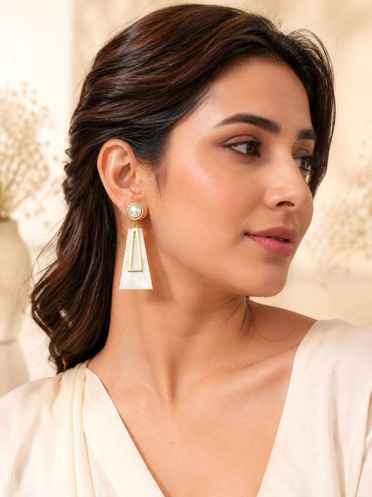 Pearl Geometric White Gold Drop Earrings : AN-LJ-WH-0083-DE