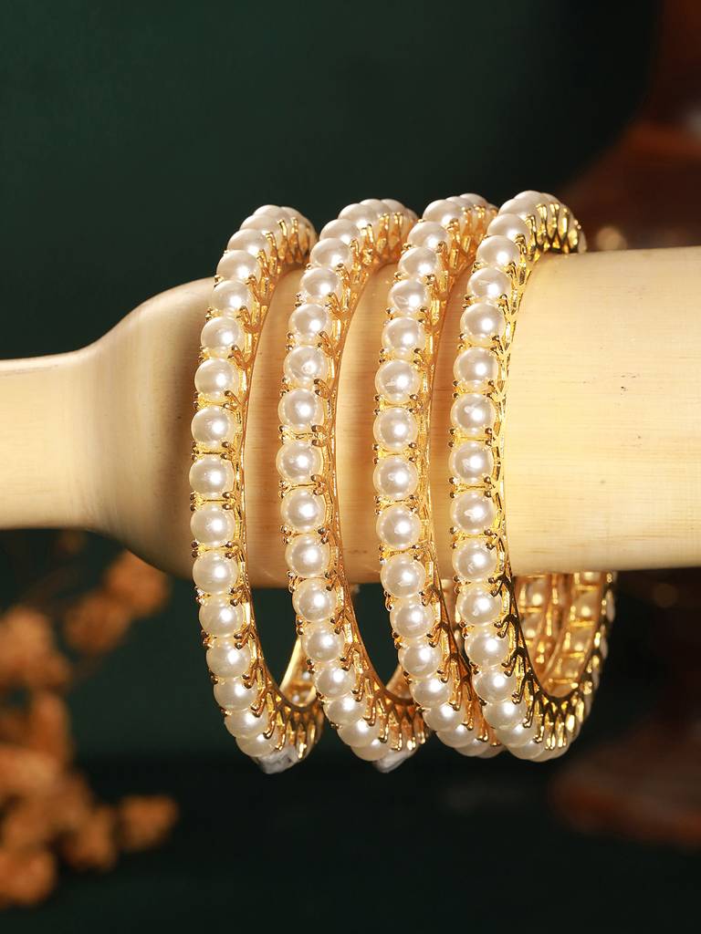 Set Of 4 Gold Polish Pearl Beaded Partywear Bangles : SJBG2747-2.4