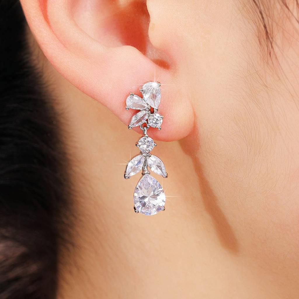 Silver Plated Cubic Zirconia Studded Floral Style Drop Earrings Push Back Fashion Jewellery For Women & Girls : PX8E184