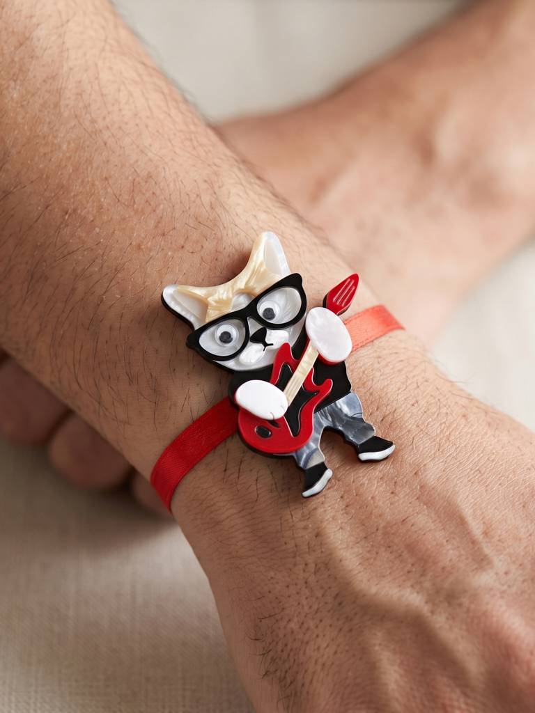 Kids Rakhi: Cute Rockstar Cat Playing Guitar Acrylic Charm On Red Ribbon, Roli, Chawal & Card (440-Chr1 : 440-CHR1-1192-1-2026