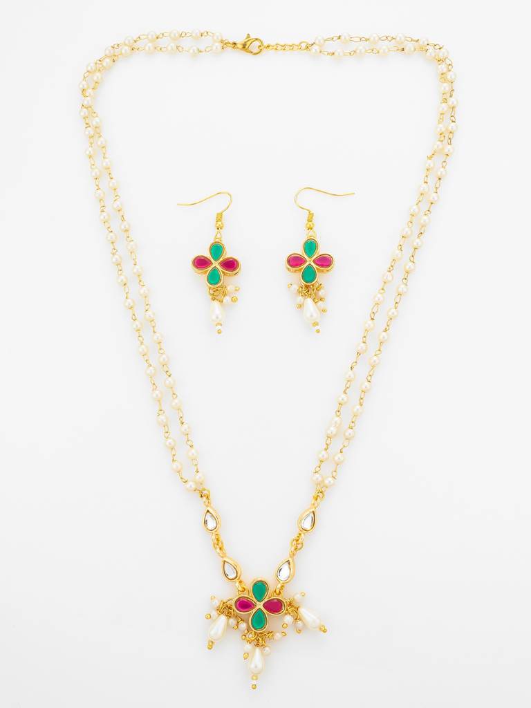 Double Strand Pearl Gold Plated Necklace With Floral Kundan Pendant : NK4892