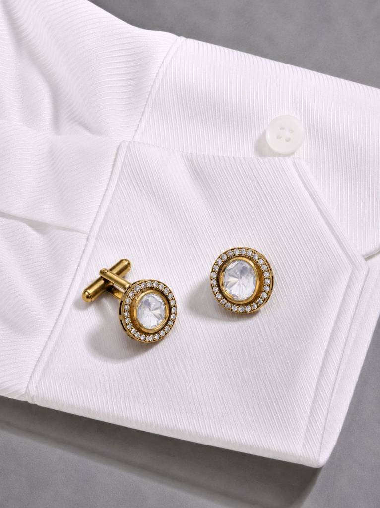 Classic Polki Gold Finish With Diamond Cluster Mens Cufflink Pair : 700021_2