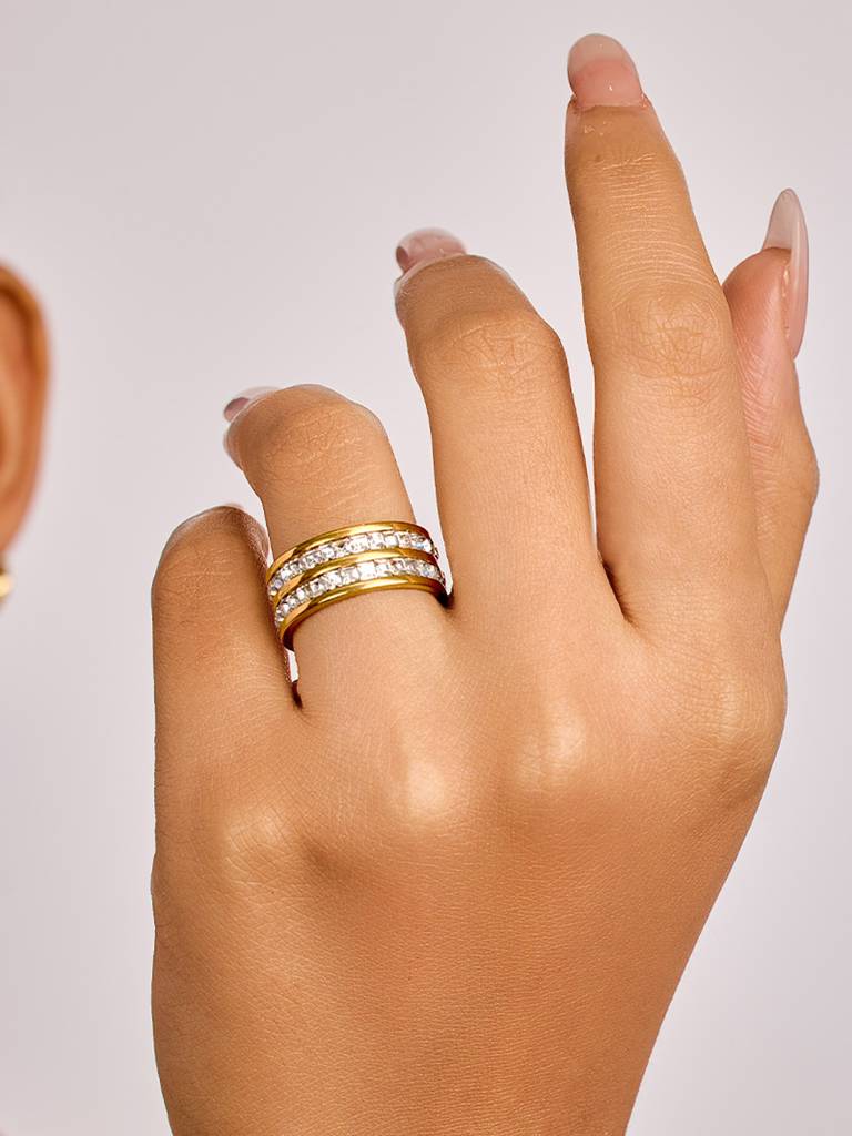 18K Gold Plated Dual Band Ring Stainless Steel Waterproof & Anti-Tarnish. : R86SJSS6G
