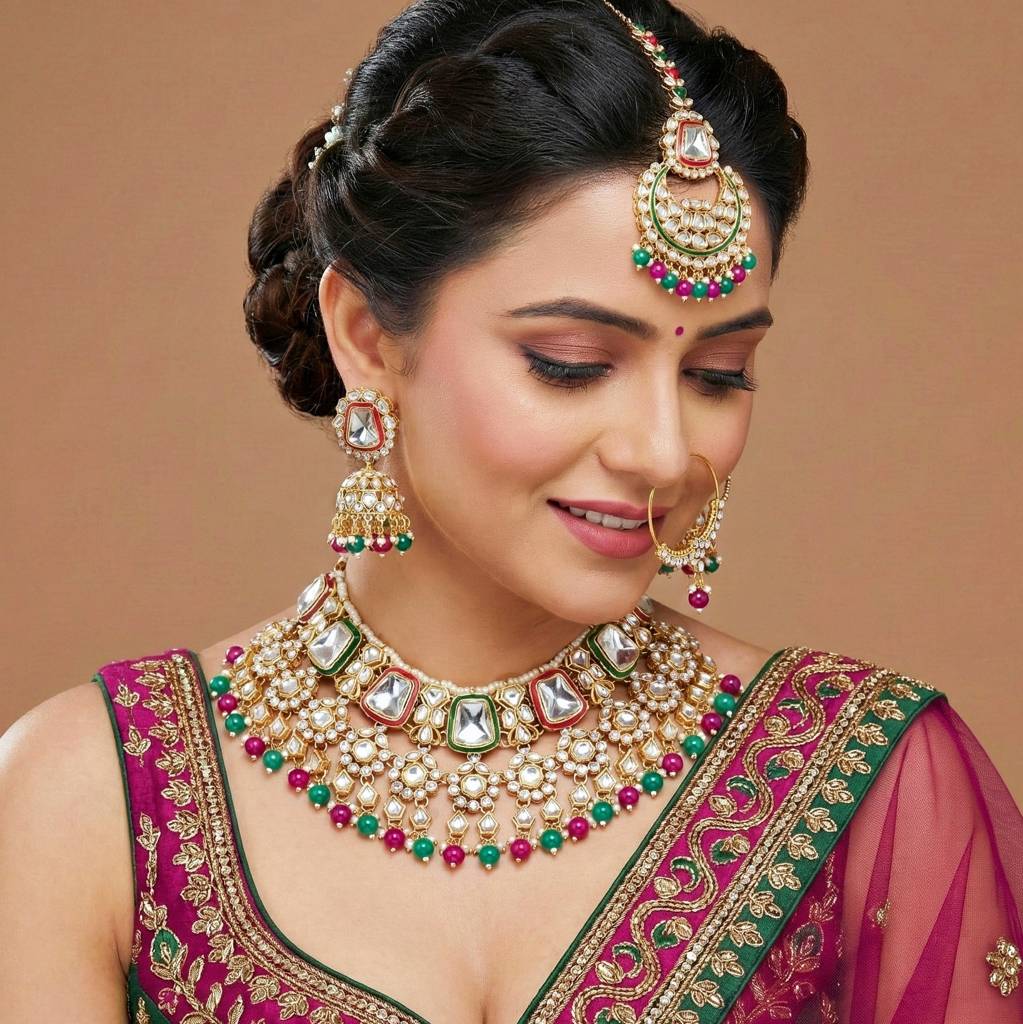 18 Kt Gold Plated Bridal & Semi-Bridal Necklace Set With Earrings, Maang Tikka & Nath : 2476-M8SK-1101-RG