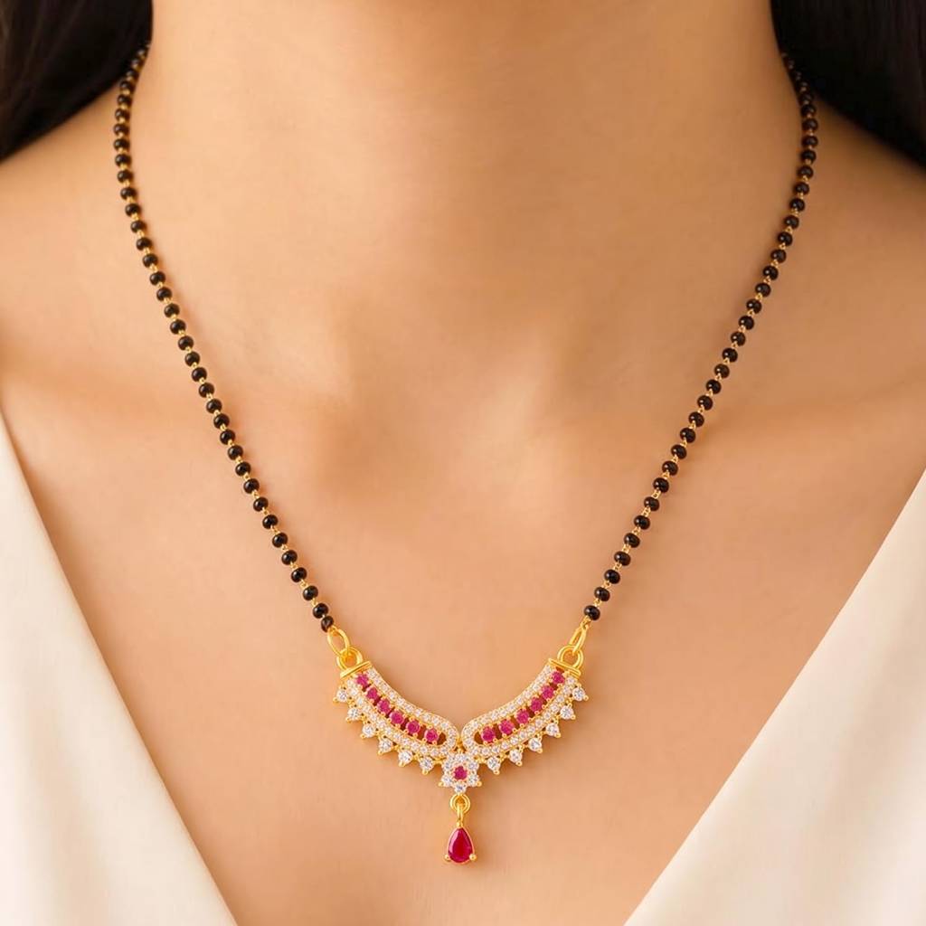 Gold Plated Rani Pink Cz Studded Elegant Mangalsutra For Women | Festive & Bridal Jewellery, Anniversary Birthda : PF04MS23RPW