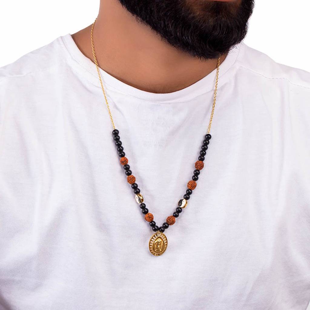 Rudraksha With Black Beaded Chain With Lord Buddha Pendant : 8907617365213