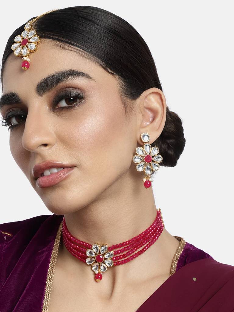 Gold Plated Kundan Faux Pearl Floral Choker Necklace Earrings With Maang Tikka Set Jewellery For Girls & Women ( : PF24N2875RP