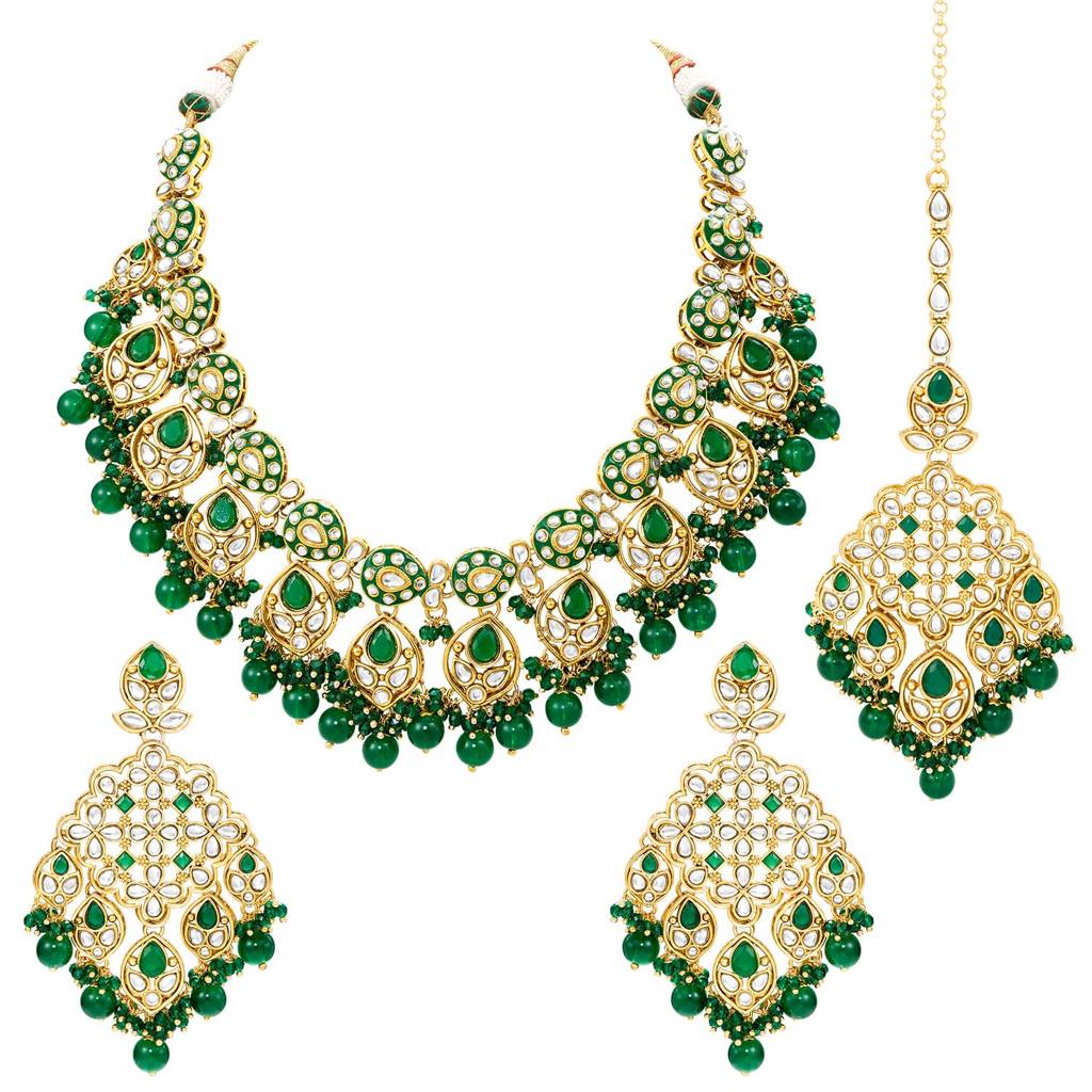 Green Crystal Beads Studded Necklace Earring Maangtikka Set For Women : PF28N381GRN