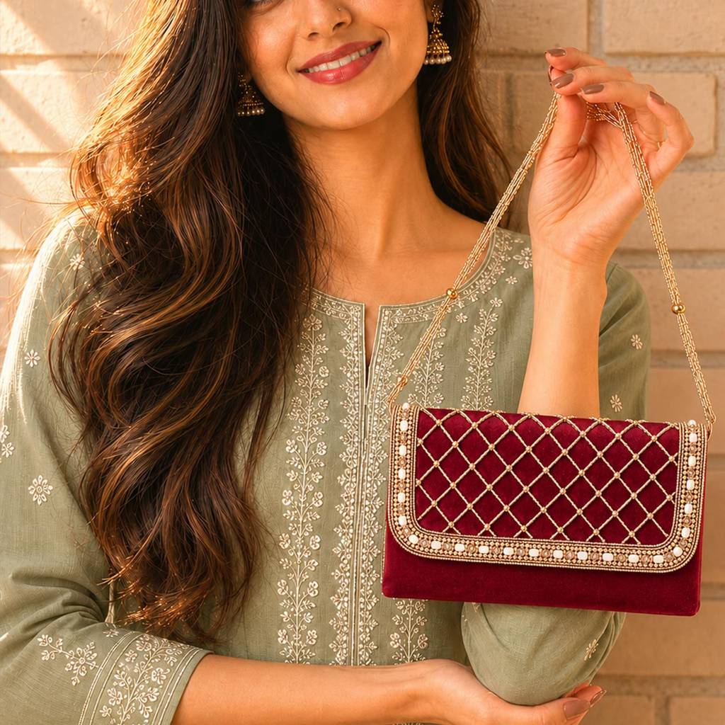 Quilted Pearl Embellished Clutch Bag For Women | Gold Beaded Strap | Wedding Festive Evening Purse : C189M