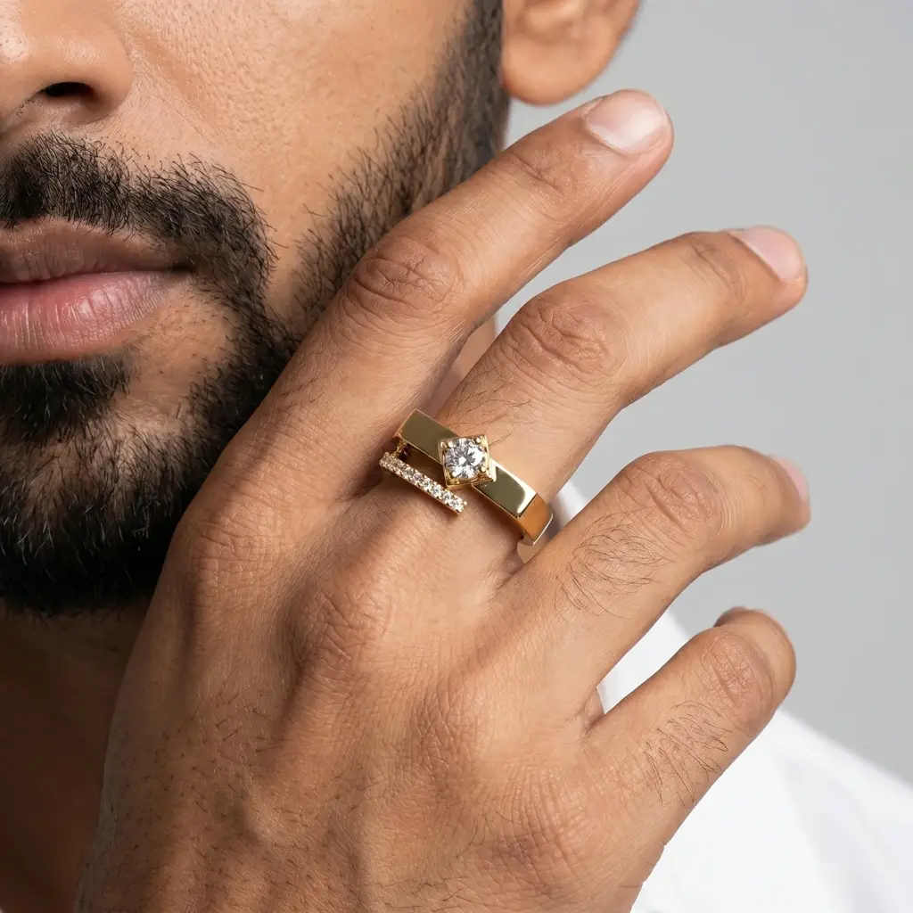 Round Brilliant Diamond Men'S Ring | Tilted Square Setting Curved Pavé Accent : RG-M-CC-37-YE-Silver925-LabD-9
