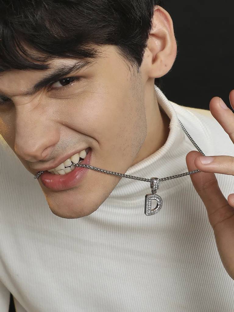 Men'S Embellished Alphabet Pendant Necklace - Silver : FANC1071-D