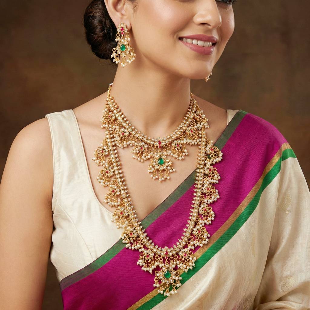 Exquisite Indian Ethnic Gold Plated 2-Piece Choker And Long Necklace Set With Pearl Tassels & Matching Earr : 2063-ISR-2302-RG